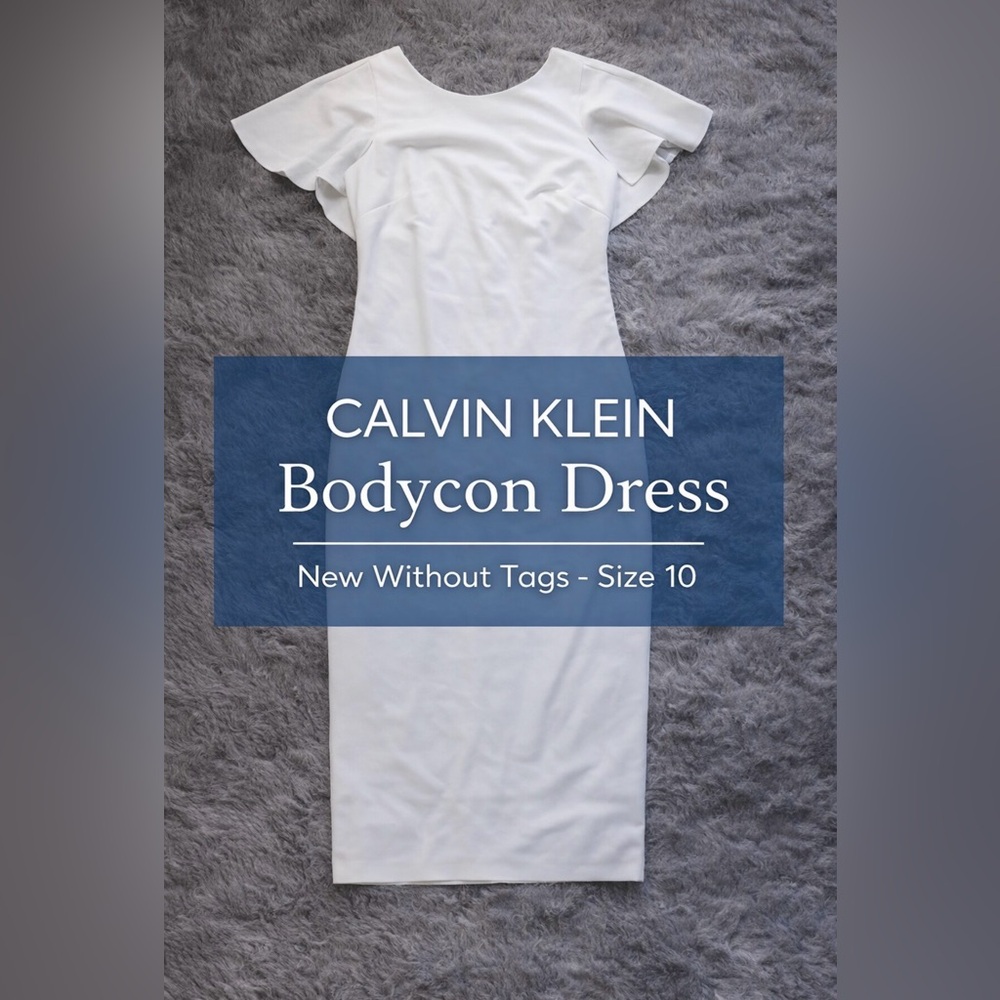 Calvin Klein White Bodycon Dress • Ruffle Back & Flutter Sleeves •Size 10• NWOT👗